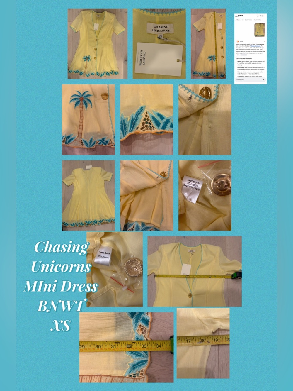 Chasing Unicorns Yellow Mini Dress with Turquoise Embroidery BNWT XS - Picture 3 of 16